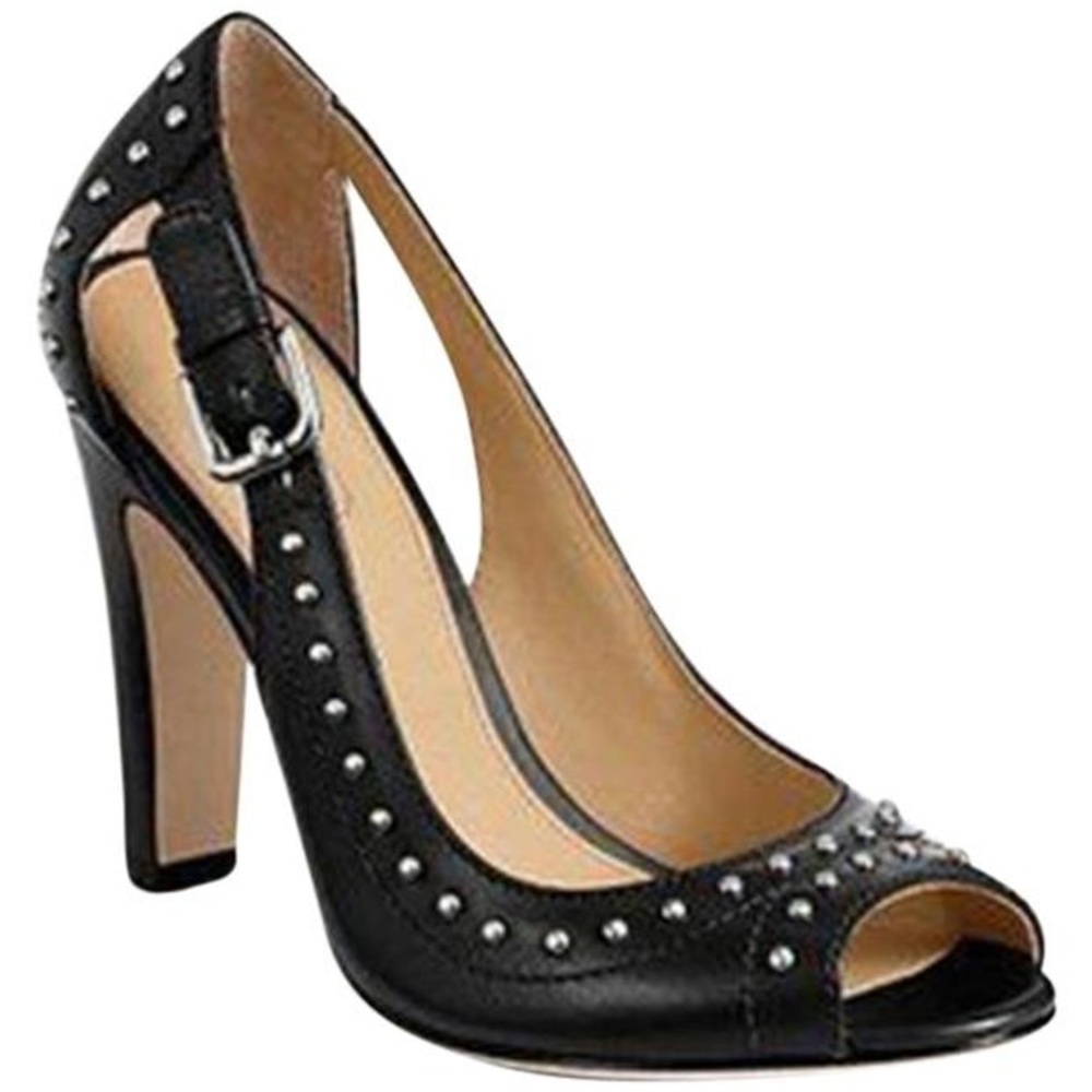 Coach “Billee” Leather Studded Peeptoe Heels- Black